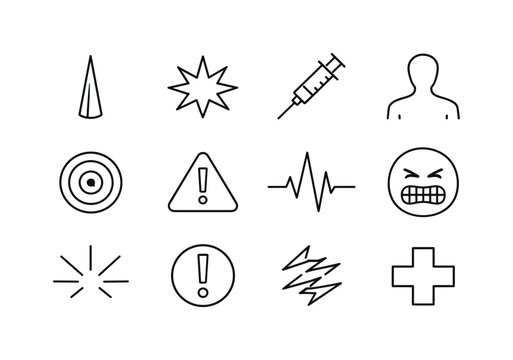 Sharp Discomfort Icons. Sharp Discomfort. Line icon set of Sharp Discomfort: sharp spike, pain flash, needle point, body outline, pain target, warning sign,