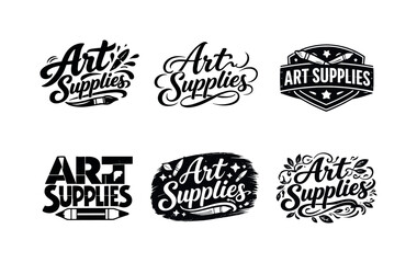 Fototapeta premium Creative Lettering Variations. Art supplies lettering. Set lettering. harmonious lettering variations of the same emblematic concept, each with different