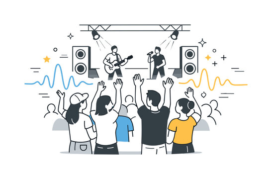 Energetic Festival Vibes. Music festival crowd. A group of people standing close together near a stage, hands raised and enjoying live music. Energetic but