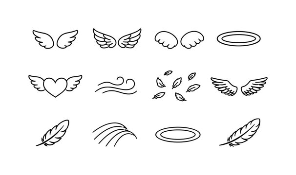 Angel Wings Icon Set. Angel wings. Line icon set of angel wings: contour wing, stylized feather fan, soft wing outline, floating halo, winged heart outline,