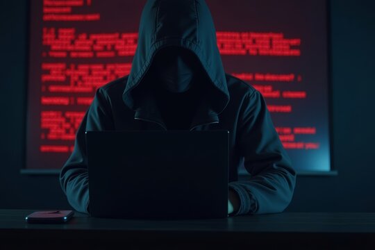 Hooded Hacker Behind Computer Screen Showing Ransomware Message