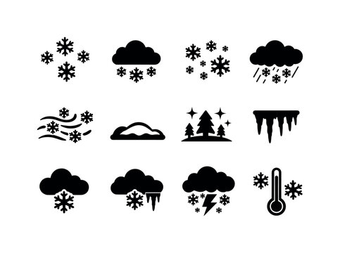 Winter Weather Icons. Snowfall weather. Solid icon set of snowfall weather: falling snowflakes, cloud with snow, snowy sky, winter storm, cold air waves, snow