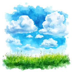 Obraz premium Soft Clouds Over Spring Meadow, cute watercolor illustration with intricate patterns and vibrant splashes, isolated on a white background.