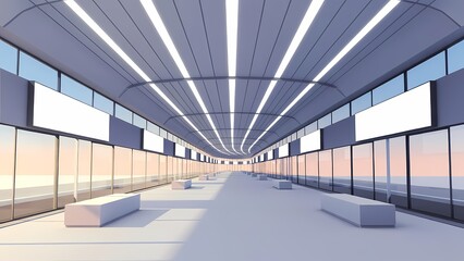 Futuristic glass corridor interior with skylight ceiling rendered in cinematic 3D style, bright empty modern atrium