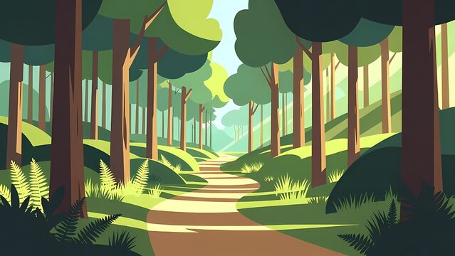 Serene forest trail in sunlit woodland vector illustration flat design landscape