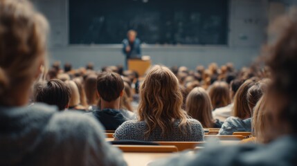 Obraz premium College lecture in a classroom setting with students seated and a professor speaking at the front, chalkboard visible in the background