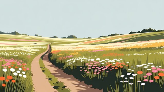 Pastoral meadow path through wildflower fields in a sunlit countryside watercolor illustration