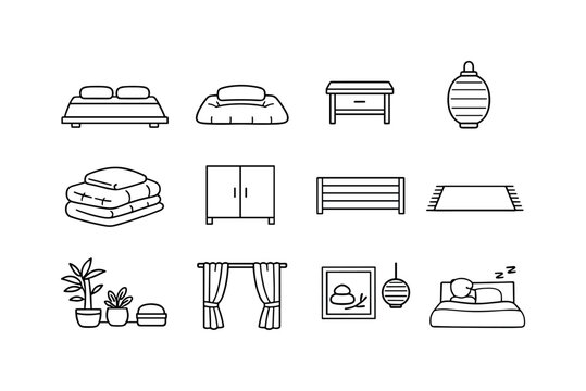 Zen Bedroom Icons. Zen Bedroom Interior. Line icon set of Zen Bedroom Interior: low platform bed, futon mattress, simple bedside table, paper lantern light,