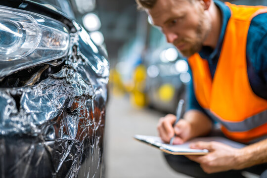 Insurance assessor wearing safety vest inspecting and documenting the damage on a heavily dented black car front bumper after a collision in a garage facility