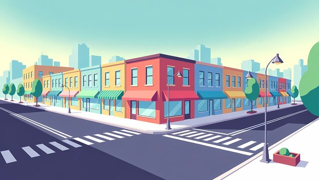 Colorful urban street corner with storefronts in a sunny city block - vector illustration