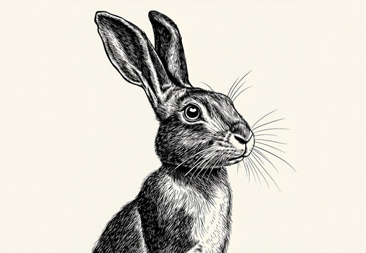 Hare, rabbit, sketch. Vintage retro print, wild hare, farm rabbit sketch ink pencil style drawing, linear drawing, engrave old school. Sketch artwork silhouette wild hare, farm rabbit. Illustration