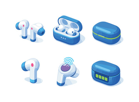 Isometric Earbuds Icons. Wireless earbuds. Isometric flat vector icons set of wireless earbuds: true wireless earbuds pair, earbuds charging case open, earbuds