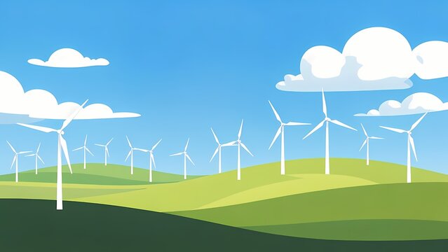 Wind farm landscape illustration with wind turbines on rolling green hills under a bright blue sky &ndash; digital vector art