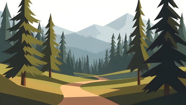 Stylized forest landscape with distant mountains and winding trail in a flat vector illustration
