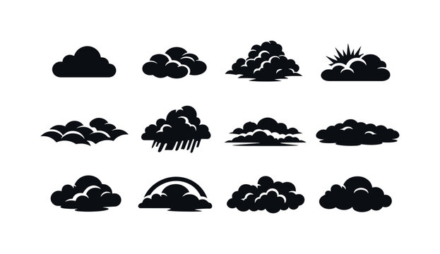 Moody Sky Icons. Moody Sky. Solid icon set of Moody Sky: dark cloud, rolling clouds, dramatic cloudscape, sun glow behind clouds, cloud waves, stormy sky mass,