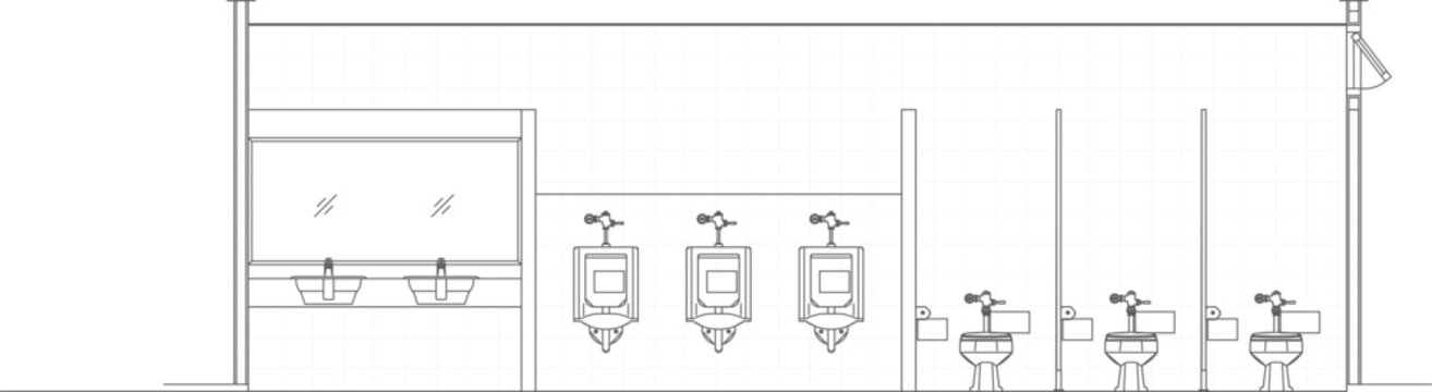 Technical vector illustration of a commercial restroom elevation, featuring toilet stalls, urinals, double sinks, and wall-mounted mirrors.