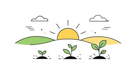 Obraz premium Seasonal Renewal Landscape. Seasonal renewal. A minimal landscape with rolling hills, rising sun, and young plants emerging. The illustration communicates calm
