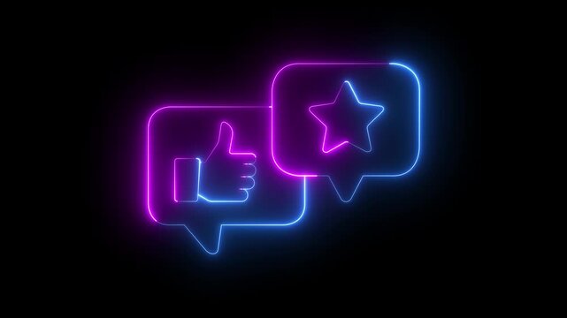 glowing neon Message bubble with star icon isolated on black background. Symbol of success, good rating. Positive Feedback Concept with Thumbs Up and Star Rating Bubble. 4k video animation.