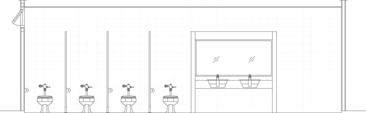 Technical vector illustration of a public restroom interior elevation, showing four toilet stalls, double sinks, and a large wall-mounted mirror.