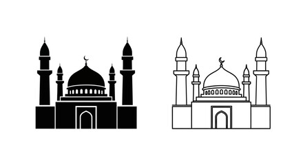 Fototapeta premium Mosque vector icon set: black silhouette and outline drawing of a Muslim worship building with dome and minarets isolated on White Background