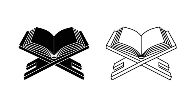 Quran book on rehal stand vector icon set. Islamic holy book black silhouette and outline illustration for Ramadan, Eid, religious design isolated on White Background