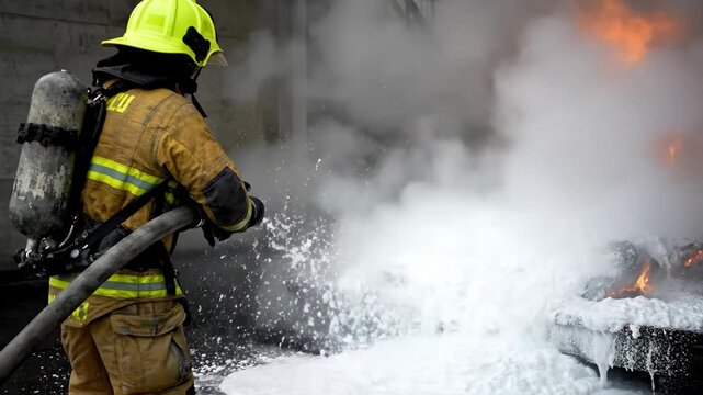Firefighter spraying white foam on raging fire. Emergency response training scene