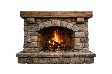 Fototapeta premium Rustic stone fireplace with a burning fire, offering warmth and a cozy atmosphere, featuring a wood mantel on transparent background