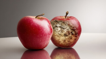 Two red apples on reflective surface, one fresh and shiny, other decayed and rotten, showing contrast and natural imperfection