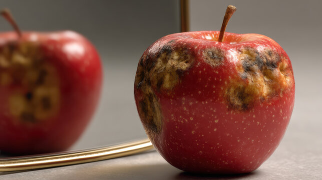 Rotten red apple with brown spots and decay near mirror on smooth surface, showing natural fruit deterioration and texture