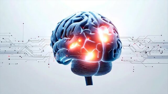 A glowing, stylized brain with circuit-like lines, representing neural activity, on a white background