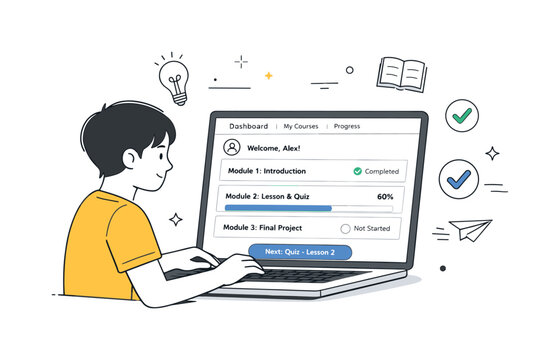 Digital Learning Platform. Learning management system platform. A student studies on a laptop with organized course modules and progress indicators on the