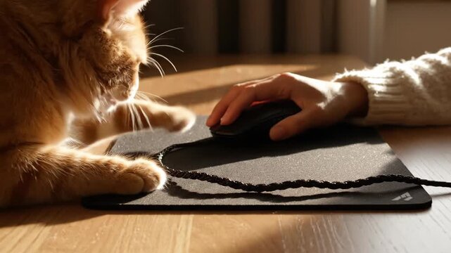 A fluffy orange cat reaches for a computer mouse resting on a dark mat, with sunlight streaming through a nearby window.