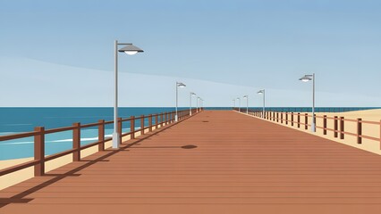 Seaside boardwalk scene 3D render with sunlit wooden walkway extending to the horizon, lined with lamps