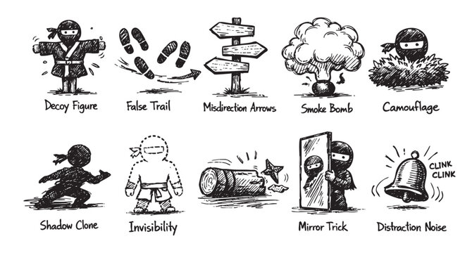 Hand-drawn vector illustration of cartoon ninja tricks, including a decoy, shadow clone, smoke bomb, and other stealth techniques on a clean white backdrop.