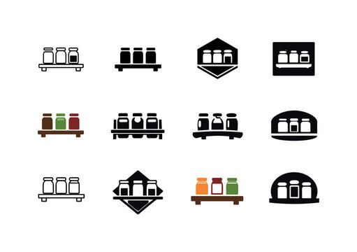 Spice Rack Icons. Spice rack. Icon set. Set Logo of spice rack: organized jars on shelf. harmonious logo variations of the same emblematic concept, each with
