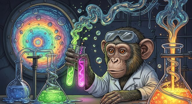 Monkey Scientist in Laboratory: An inquisitive monkey, adorned in a lab coat and safety goggles, meticulously examines colorful chemicals in a dynamic scientific lab.