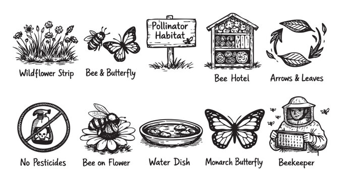 Hand-drawn style illustrations of pollinator garden elements including flowers, bees, butterflies, bee hotel, and a beekeeper; useful for environmental education and gardening themes.