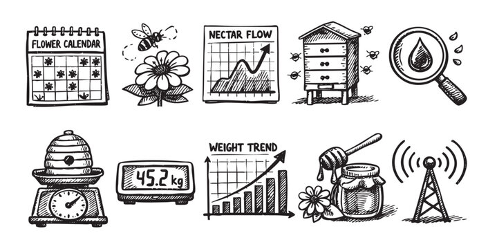 Hand-drawn beekeeping icon set, including hive, honey, flower, graphs, and bee, on a white background with a rustic, artisanal feel for beekeeping or agriculture.