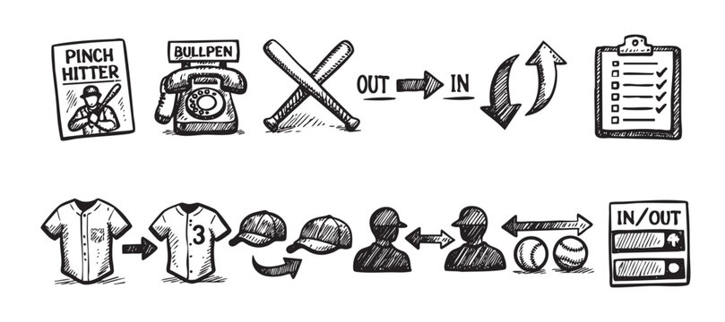 Black and white baseball sketches illustrate pinch hitters, team management, strategies, and statistics for team development.