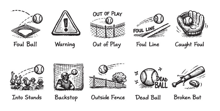 Hand-drawn illustration of baseball situations, including foul ball, warning, out of play, foul line, caught foul, into stands, backstop, and dead ball for infographics.