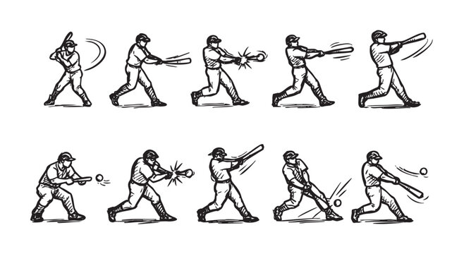 Hand-drawn style sketch showing a baseball player swinging a bat through different phases of the motion, against a clean white background.