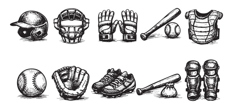 Hand-drawn, black and white illustration of baseball equipment including a bat, ball, helmet, and glove. Can be used for sporting goods or baseball concepts.