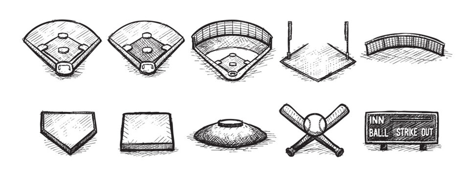 Black and white illustration showing various baseball field elements including bases, pitcher's mound, home plate, stadium, and scoreboard.