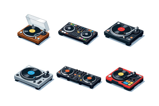 Turntable Icons Grid. Turntable Types. Isometric flat vector icons set of Turntable Types: vintage analog deck, modern digital turntable, direct drive DJ