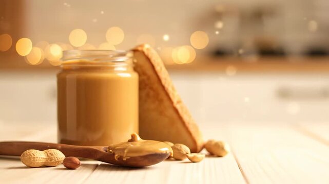 Jar of creamy peanut butter bread and whole peanuts on wood