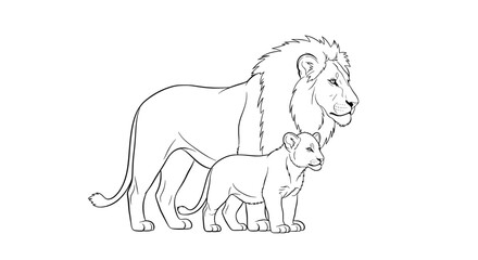 Black and white line drawing of mother lion with cub resting on her back