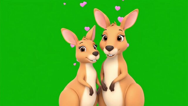 Two adorable cartoon kangaroos with pink hearts on a green screen background.