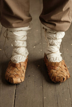 An overhead view of a man's legs, clad in bast shoes, his wide brown trousers cinched with foot wraps and tied with rope. He stands on a wooden floor. 