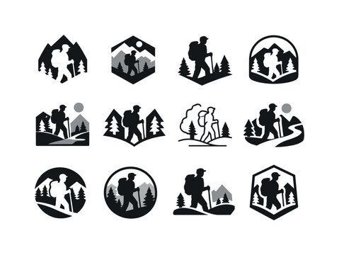 Nature Walk Icons. Outdoor activities and nature walks. Icon set. Set Logo of Outdoor activities and nature walks: backpacker silhouette in nature. harmonious