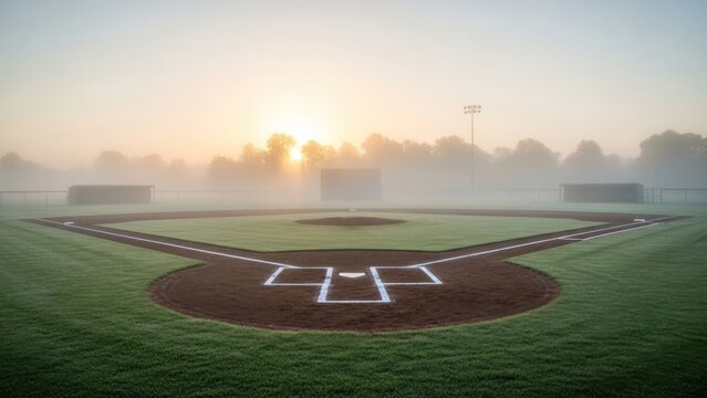 Baseball field at dawn foggy landscape with diamond and sunrise